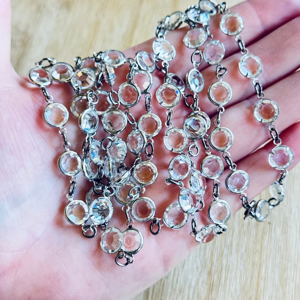 VTG Open Bezel Austrian Clear Crystal Necklace Silver Regal Long Opera 42" 10mm